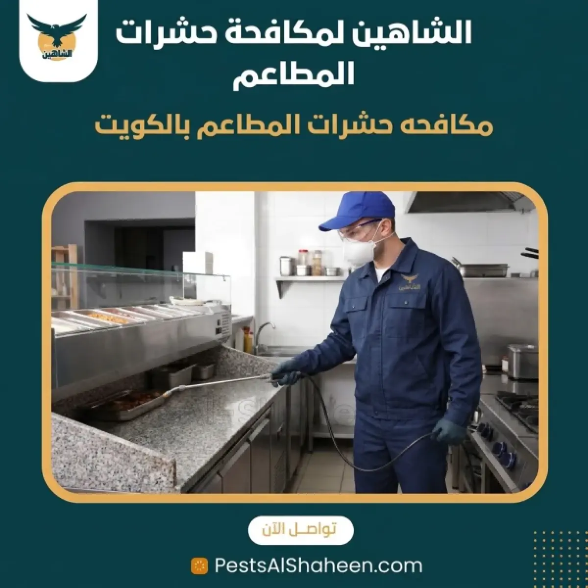 Al-Shaheen technician spraying insecticide on restaurant kitchen surfaces and corners in Kuwait